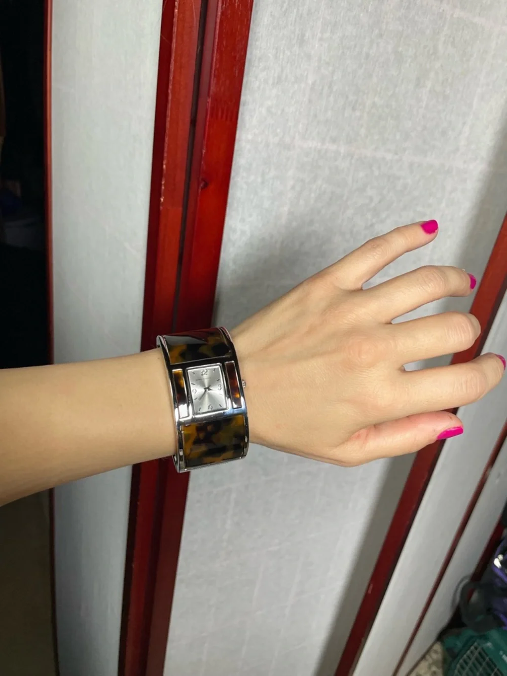 Dana Buchman Brown & Amber Animal Print Cuff Watch - Silver Accents - Adjustable
